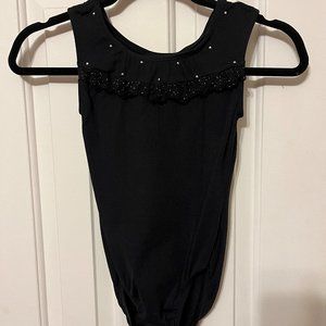 NWOT Jacques Moret black leotard with silver studs and lace ruffle 12/14